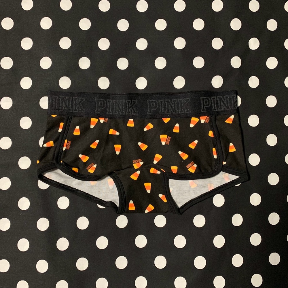 NWT Victoria’s Secret PINK Rare Logo Boyshort Shortie Pantie Black Candy Corn XS